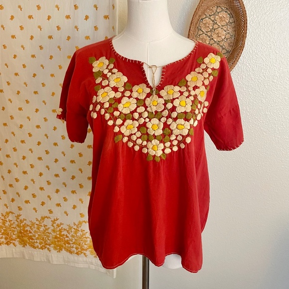 Vintage Mexican Embroidered Blouse – Red Peasant Top with Beige & Yellow Floral - Picture 1 of 4